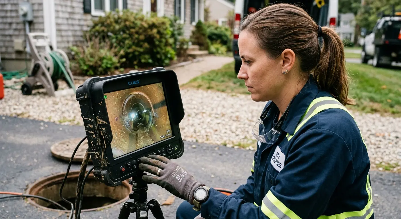 Technician reviewing sewer camera inspection footage in Hampton